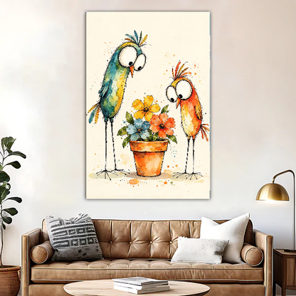 Funny Birds Flowers Canvas Wall Art unframed above a brown leather sofa and round table.