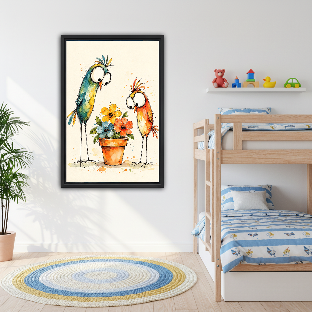 Funny Birds Flowers Canvas Wall Art framed above wooden bunk beds with toys and blue rug.