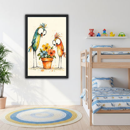 Funny Birds Flowers Canvas Wall Art framed above wooden bunk beds with toys and blue rug.