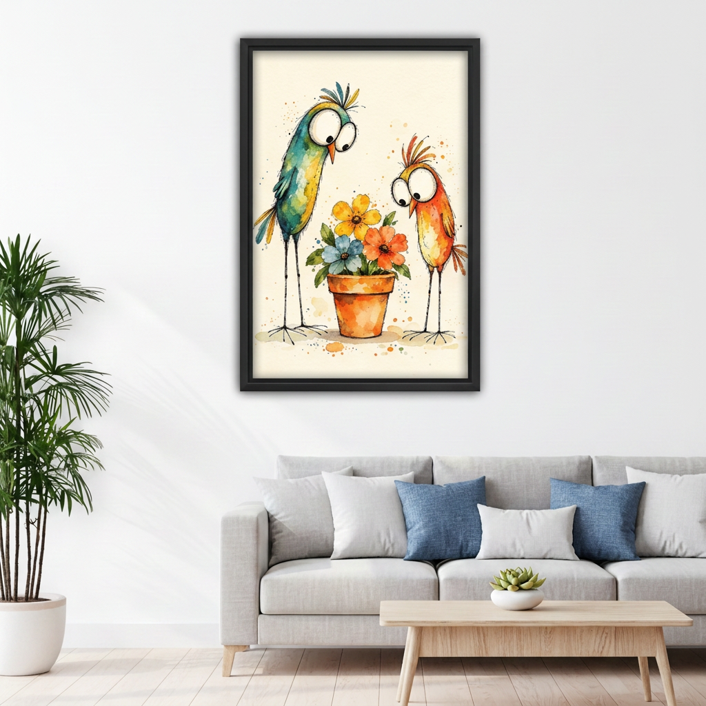 Funny Birds Flowers Canvas Wall Art framed above a white sofa with blue cushions.