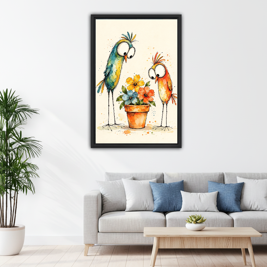 Funny Birds Flowers Canvas Wall Art framed above a white sofa with blue cushions.