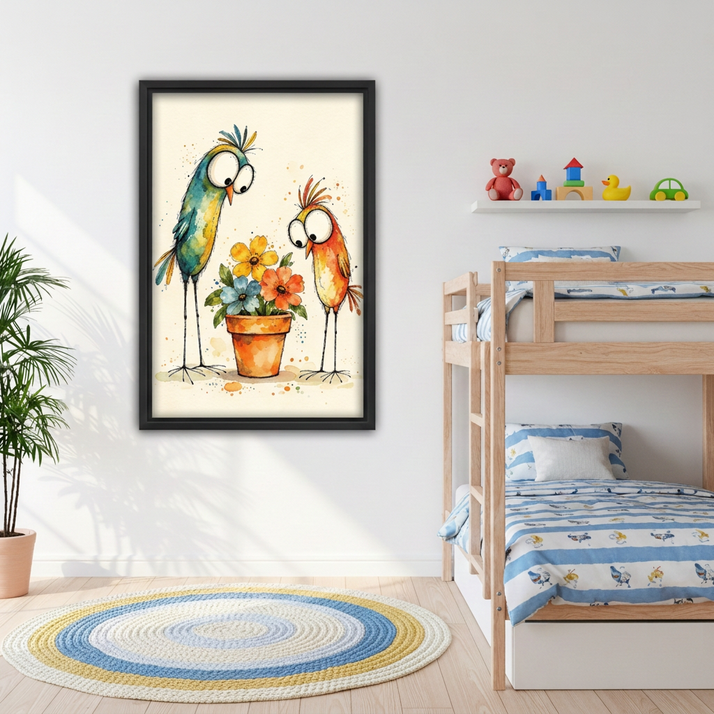 Funny Birds Flowers Canvas Wall Art held by a woman in white beside a leafy palm.
