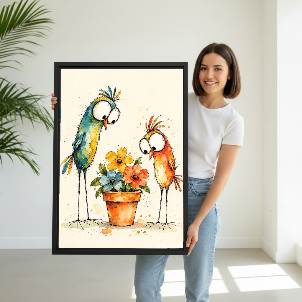 Funny Birds Flowers Canvas Wall Art held by a woman in white beside a leafy palm.