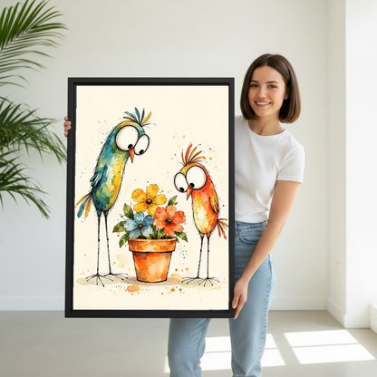 Funny Birds Flowers Canvas Wall Art held by a woman in white beside a leafy palm.