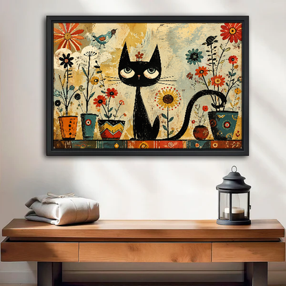 Black Cat Flowers Canvas Wall Art framed above a wood console with linen and a lantern.