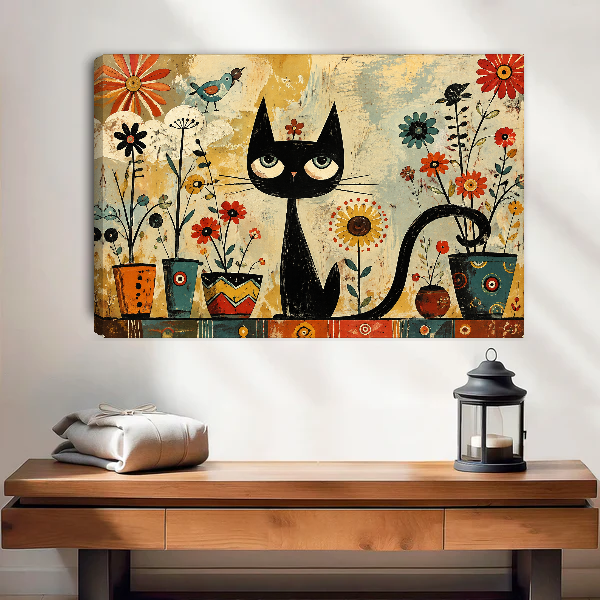 Black Cat Flowers Canvas Wall Art unframed above a wood console with linen and a lantern.