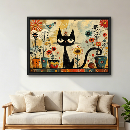 Black Cat Flowers Canvas Wall Art framed above a cream sofa with wooden arms.