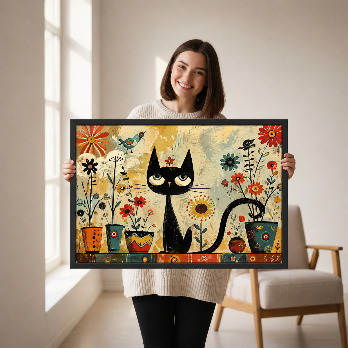 Black Cat Flowers Canvas Wall Art held in a black landscape frame by a standing woman.