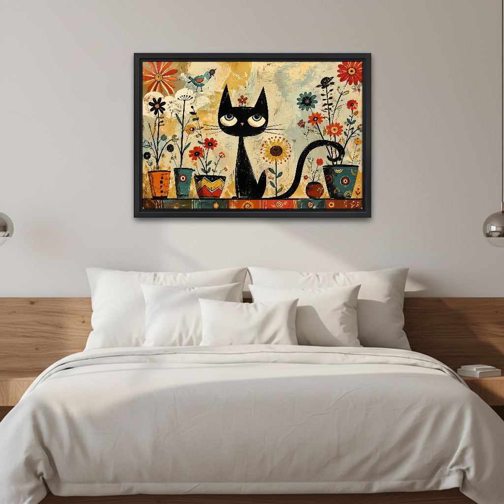 Black Cat Flowers Canvas Wall Art framed above white bedding and a warm wood headboard.