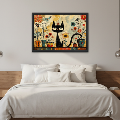 Black Cat Flowers Canvas Wall Art framed above white bedding and a warm wood headboard.