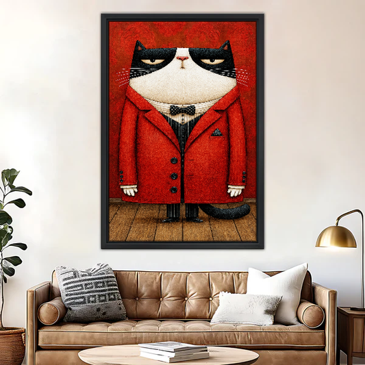 Grumpy Cat Canvas Wall Art framed above a leather sofa beside a brass lamp.