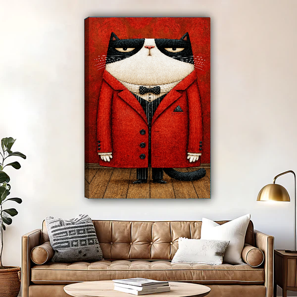 Grumpy Cat Canvas Wall Art unframed above a leather sofa and coffee table.