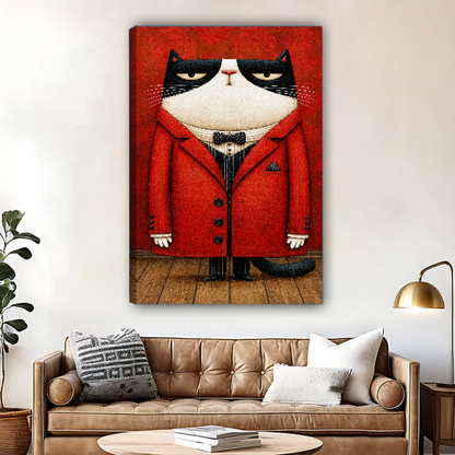 Grumpy Cat Canvas Wall Art unframed above a leather sofa and coffee table.