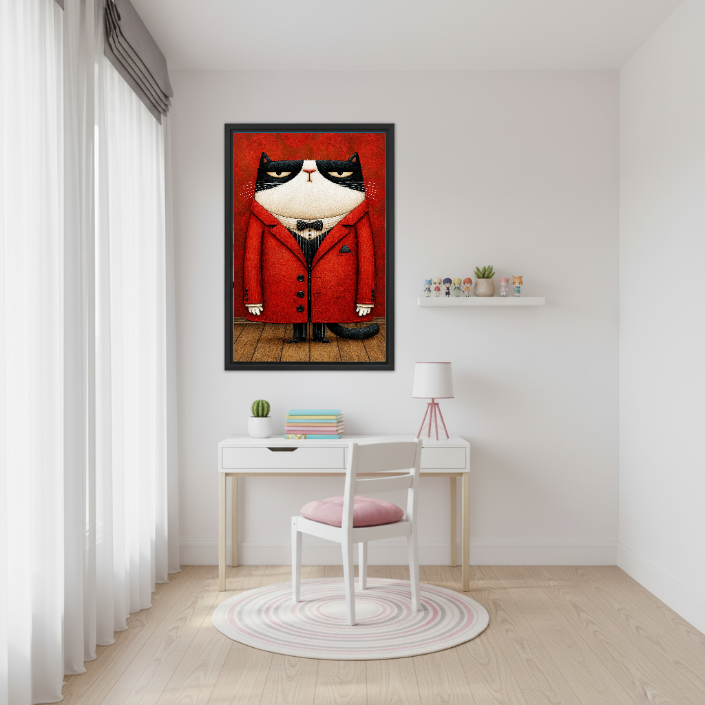 Grumpy Cat Canvas Wall Art framed above a white desk with a pink chair.