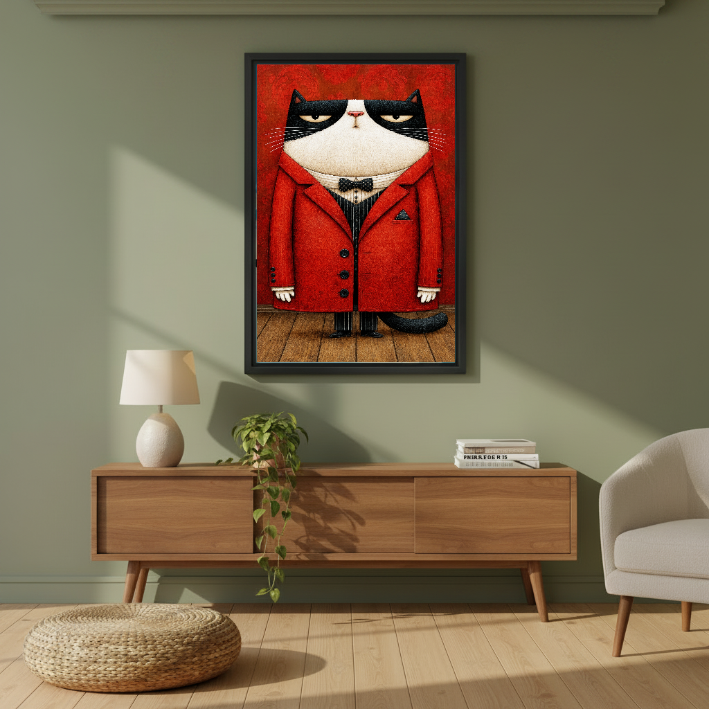 Grumpy Cat Canvas Wall Art framed above a wooden console against an olive wall.
