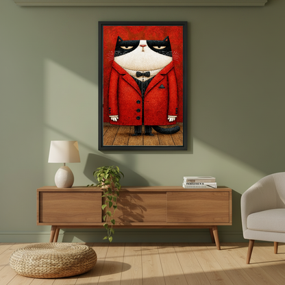 Grumpy Cat Canvas Wall Art framed above a wooden console against an olive wall.