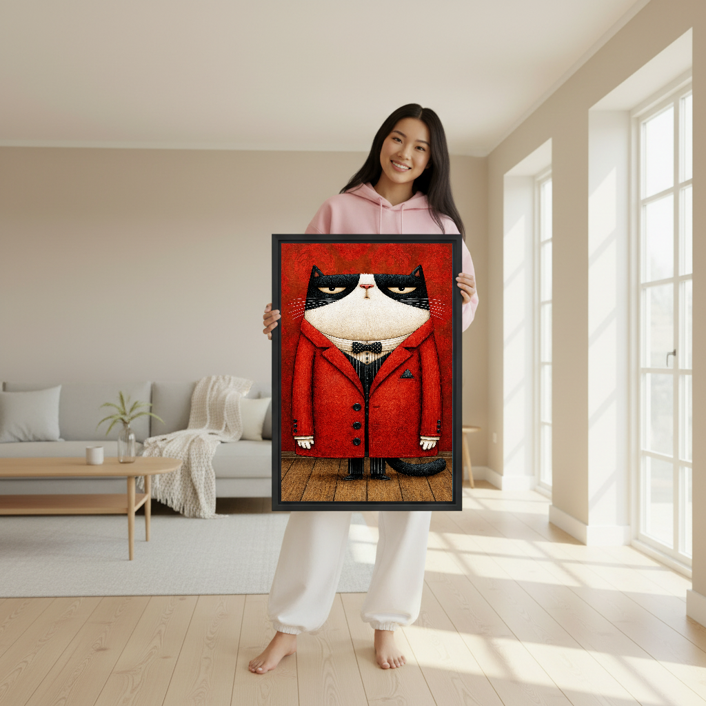 Grumpy Cat Canvas Wall Art held by a woman wearing pink in a bright room.