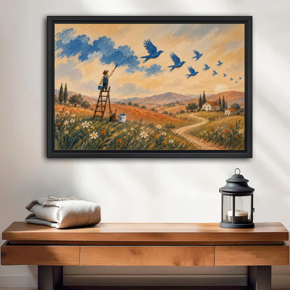 Painting Birds Canvas Wall Art framed above a wood console with linen and a lantern.