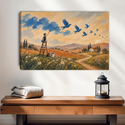 Painting Birds Canvas Wall Art unframed above a wood console with linen and a lantern.