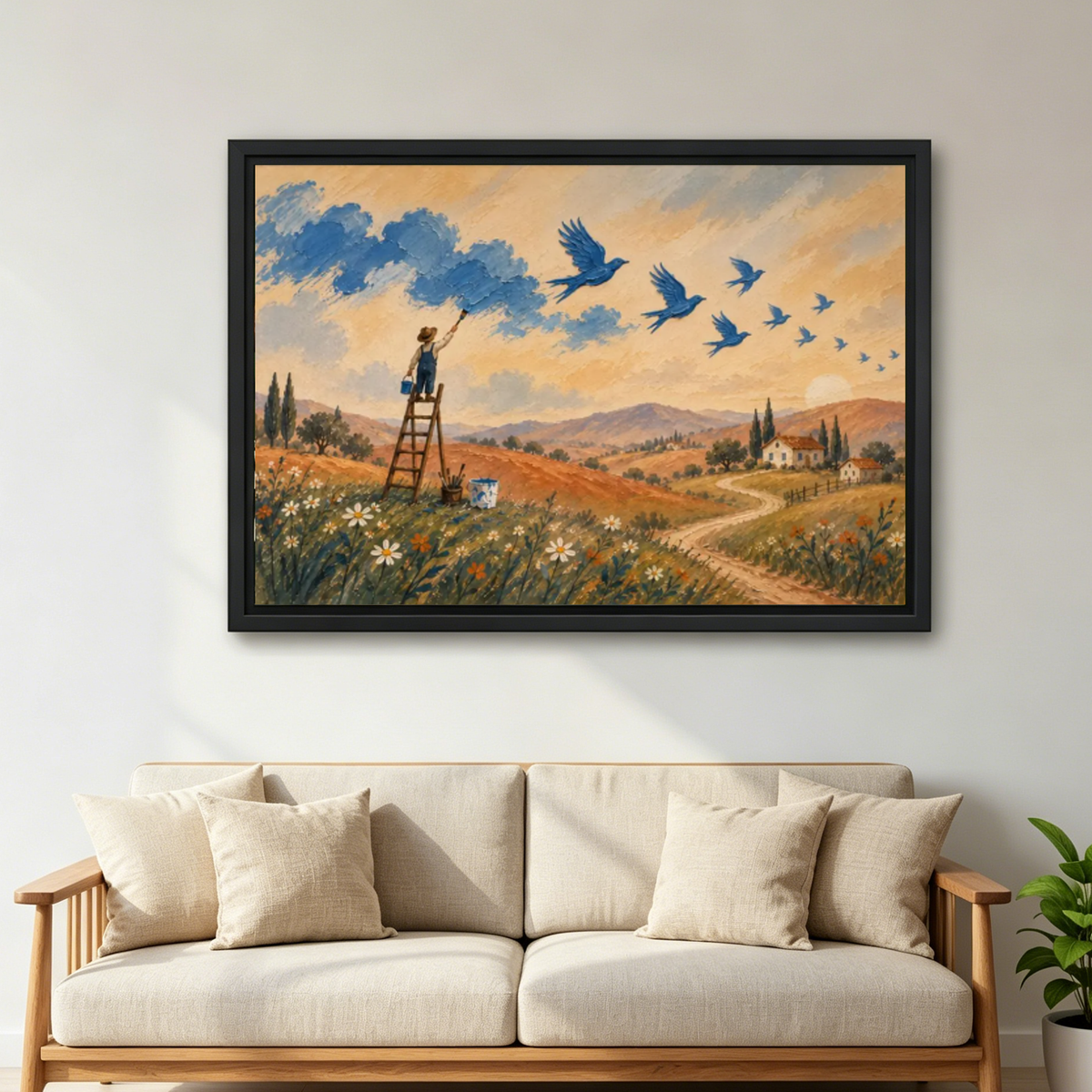 Painting Birds Canvas Wall Art framed above a cream sofa with wooden arms.
