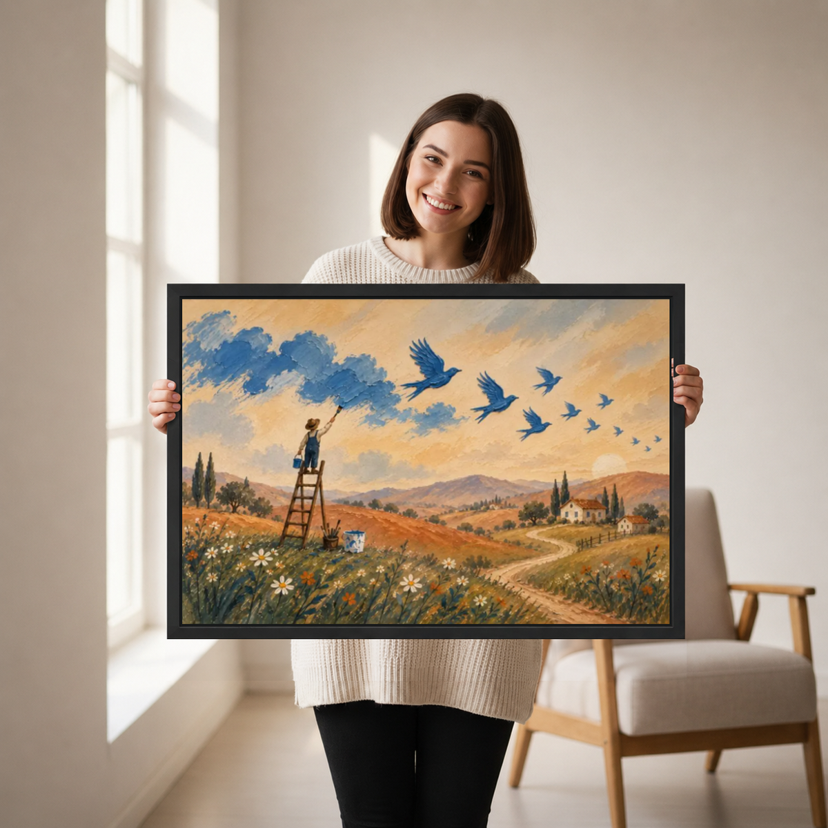 Painting Birds Canvas Wall Art held in a black landscape frame by a standing woman.