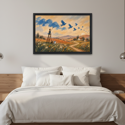 Painting Birds Canvas Wall Art framed above white bedding and a warm wood headboard.