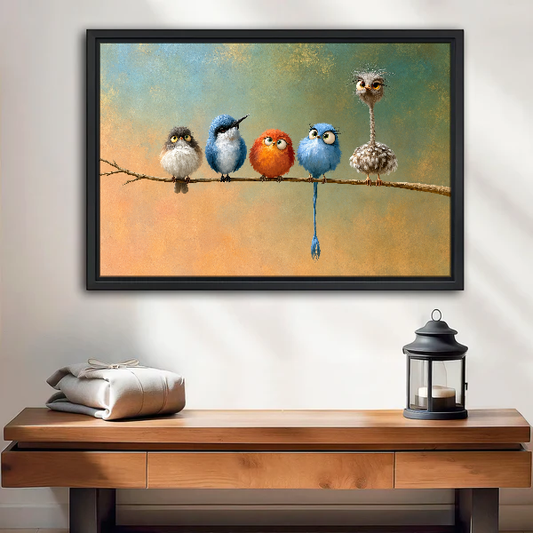 Funny Birds Canvas Wall Art framed above a wood console with linen and a lantern.