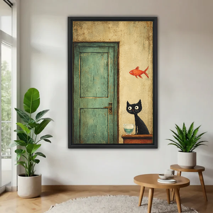 Cat Goldfish Canvas Wall Art framed above a wood table with green plants.