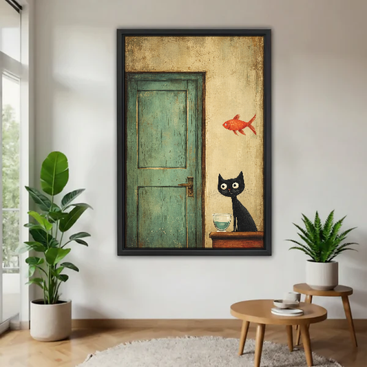 Cat Goldfish Canvas Wall Art framed above a wood table with green plants.