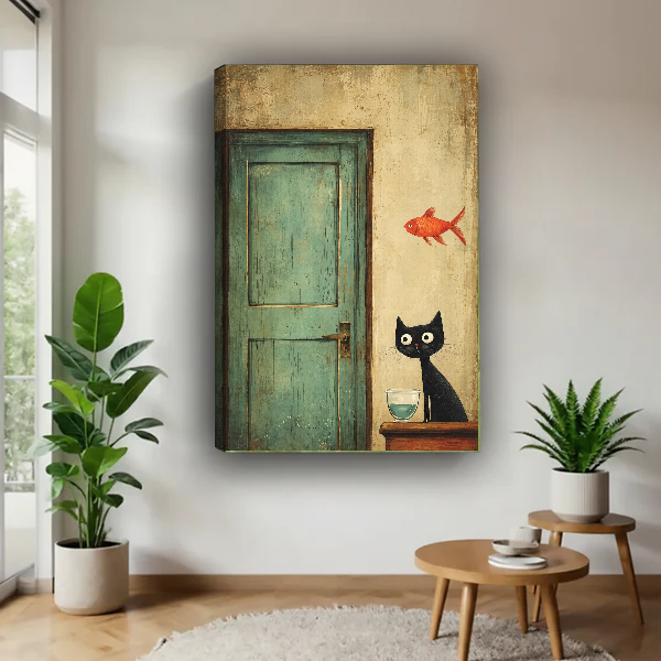 Cat Goldfish Canvas Wall Art unframed above a wood table with green plants.