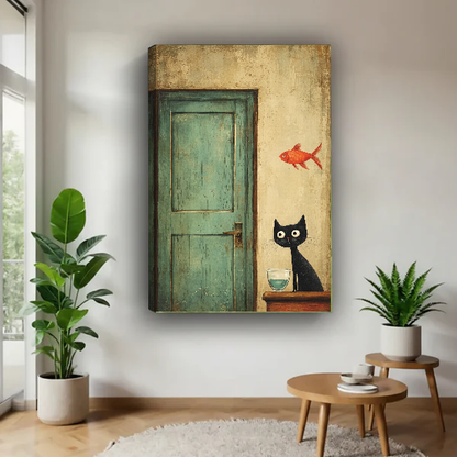 Cat Goldfish Canvas Wall Art unframed above a wood table with green plants.
