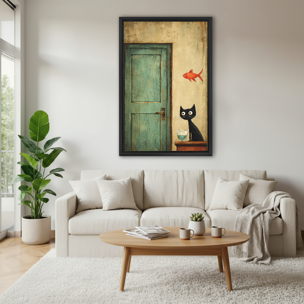 Cat Goldfish Canvas Wall Art framed above a white sofa and round coffee table.