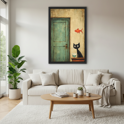 Cat Goldfish Canvas Wall Art framed above a white sofa and round coffee table.