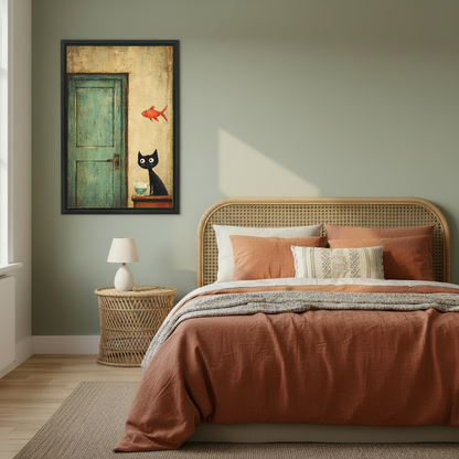 Cat Goldfish Canvas Wall Art framed above copper bedding against a muted olive wall.