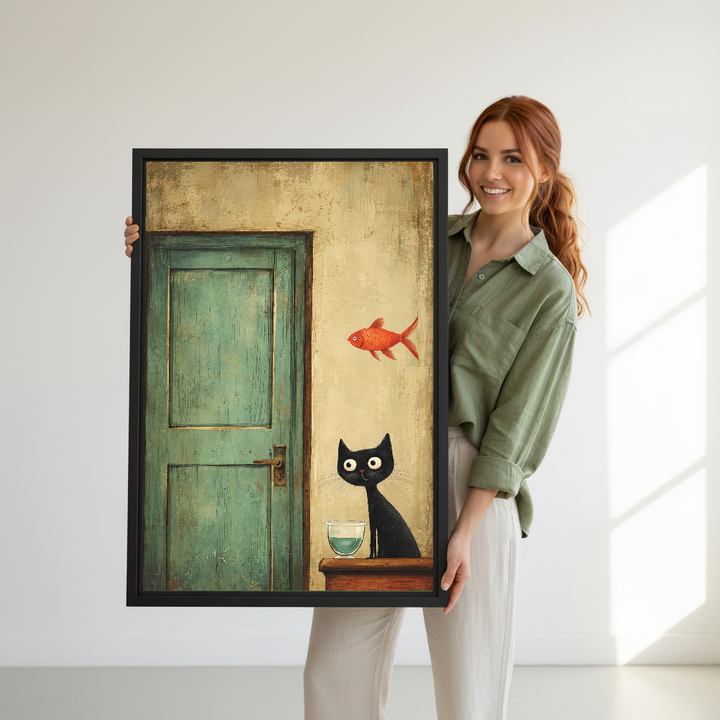 Cat Goldfish Canvas Wall Art held in a black frame by a woman wearing green.