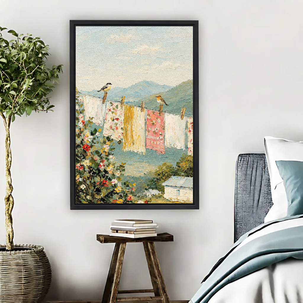 Birds Laundry Canvas Wall Art framed beside blue bedding, a leafy plant, and books.