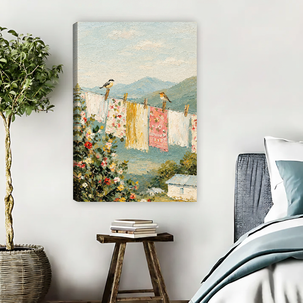 Birds Laundry Canvas Wall Art unframed beside blue bedding and a leafy plant.