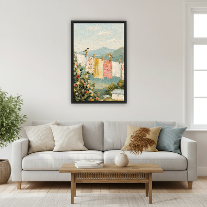 Birds Laundry Canvas Wall Art framed above a pale gray sofa and wood table.