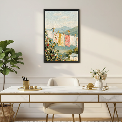 Birds Laundry Canvas Wall Art framed above a white desk with flowers and a chair.