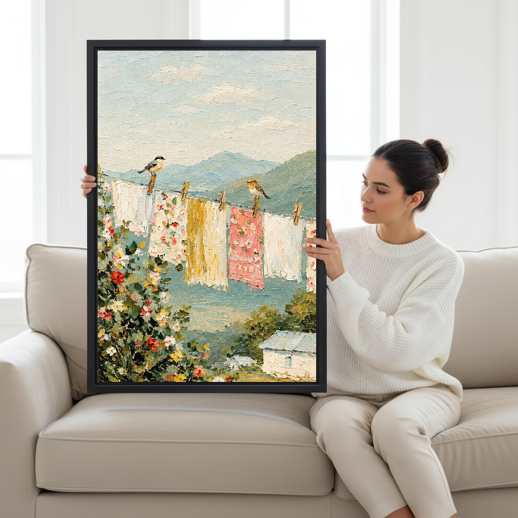 Birds Laundry Canvas Wall Art held by a seated woman on a pale sofa.
