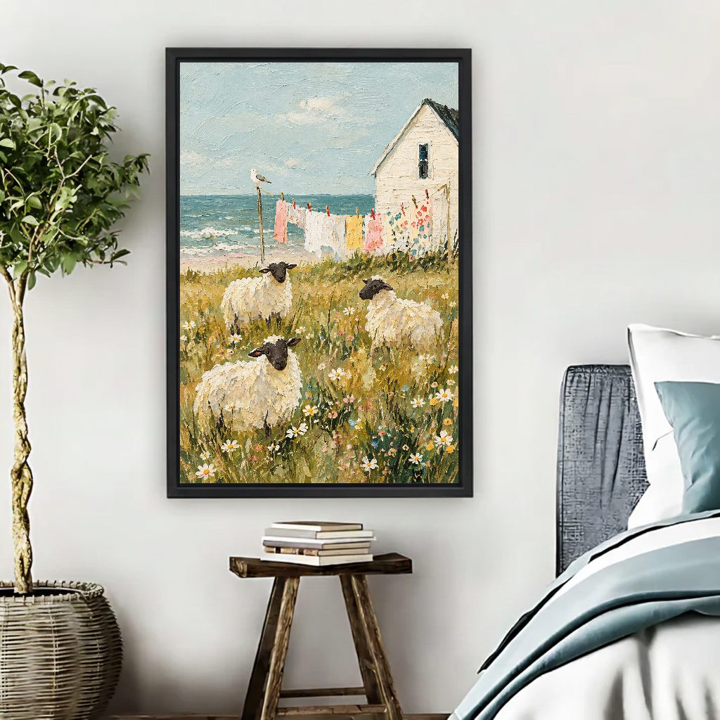 Seaside Sheep Canvas Wall Art framed beside blue bedding, a leafy plant, and books.