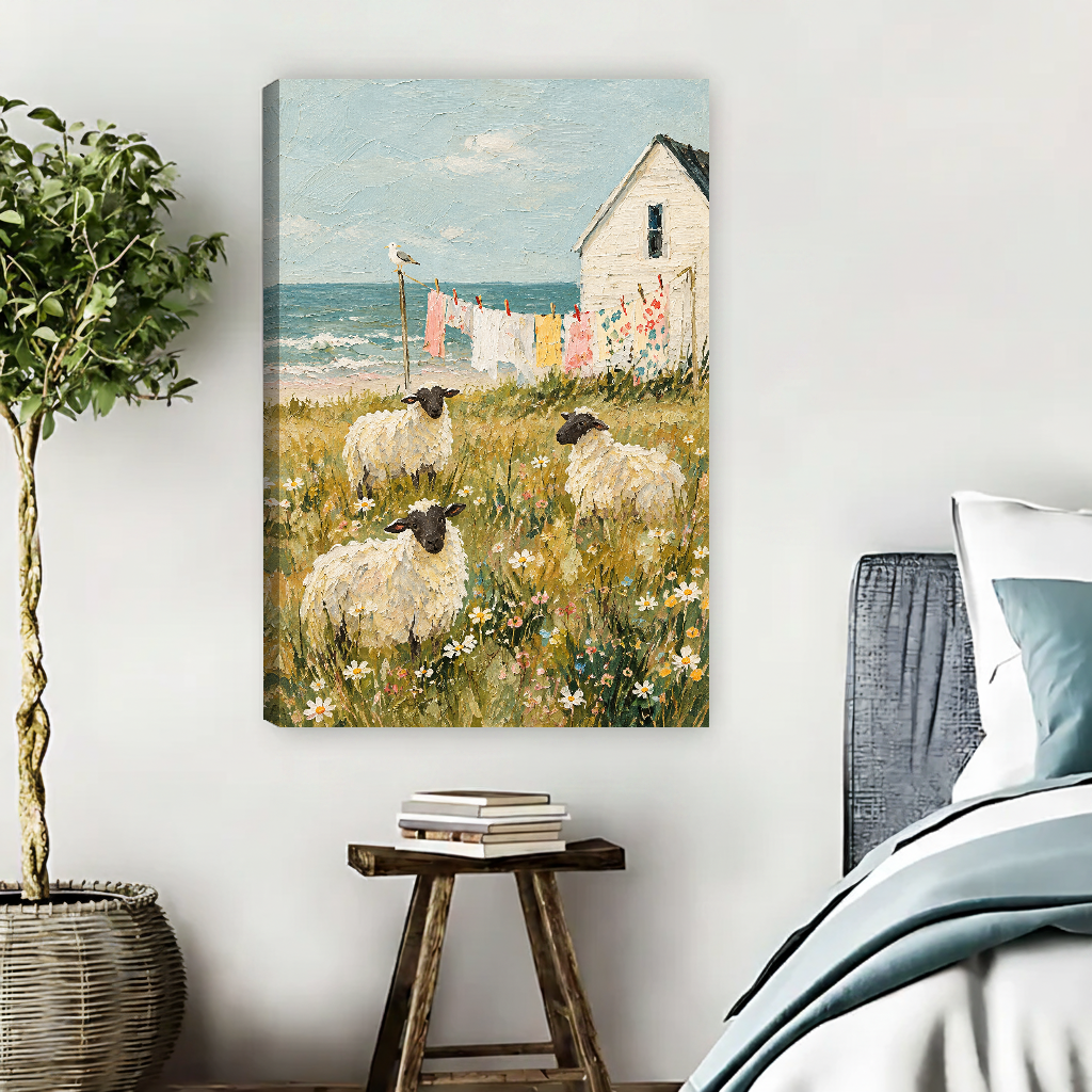 Seaside Sheep Canvas Wall Art unframed beside blue bedding and a leafy plant.