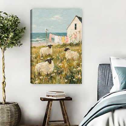 Seaside Sheep Canvas Wall Art unframed beside blue bedding and a leafy plant.