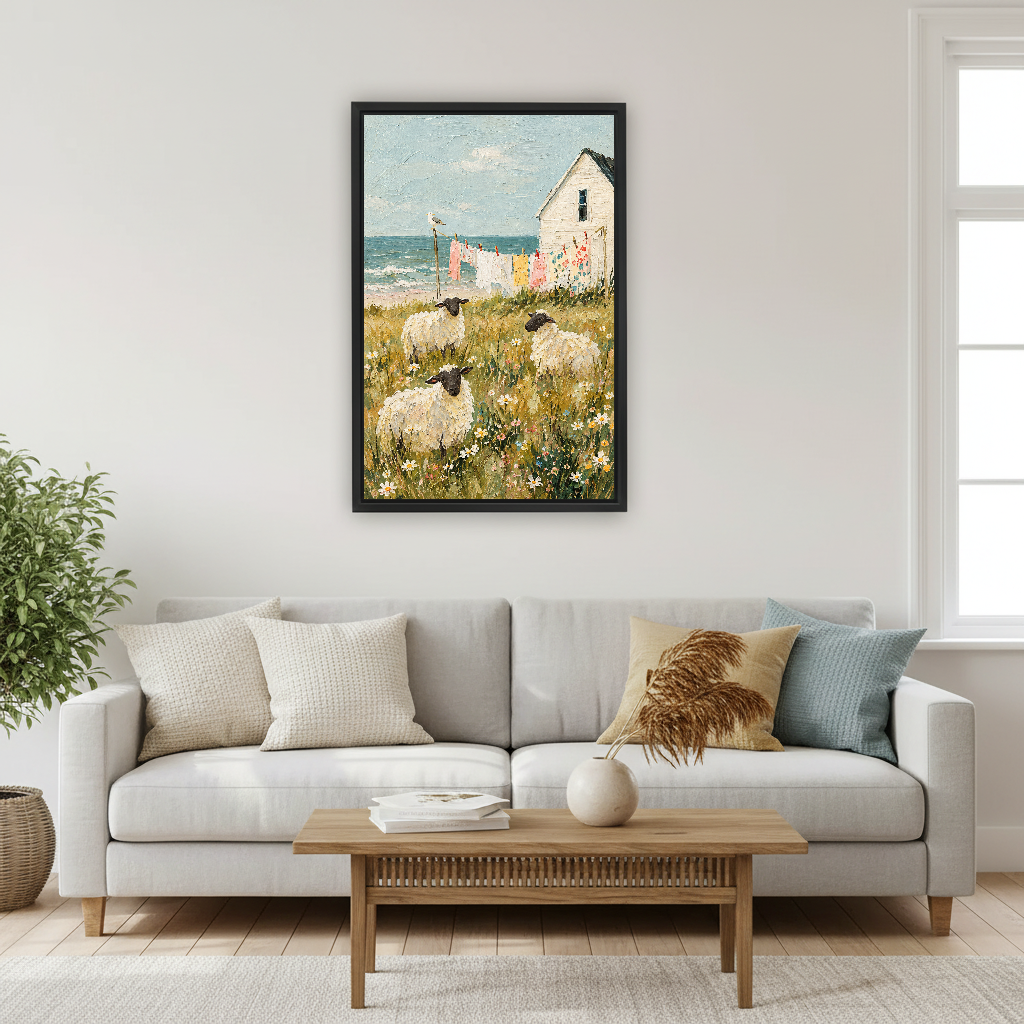 Seaside Sheep Canvas Wall Art framed above a pale gray sofa and wood table.