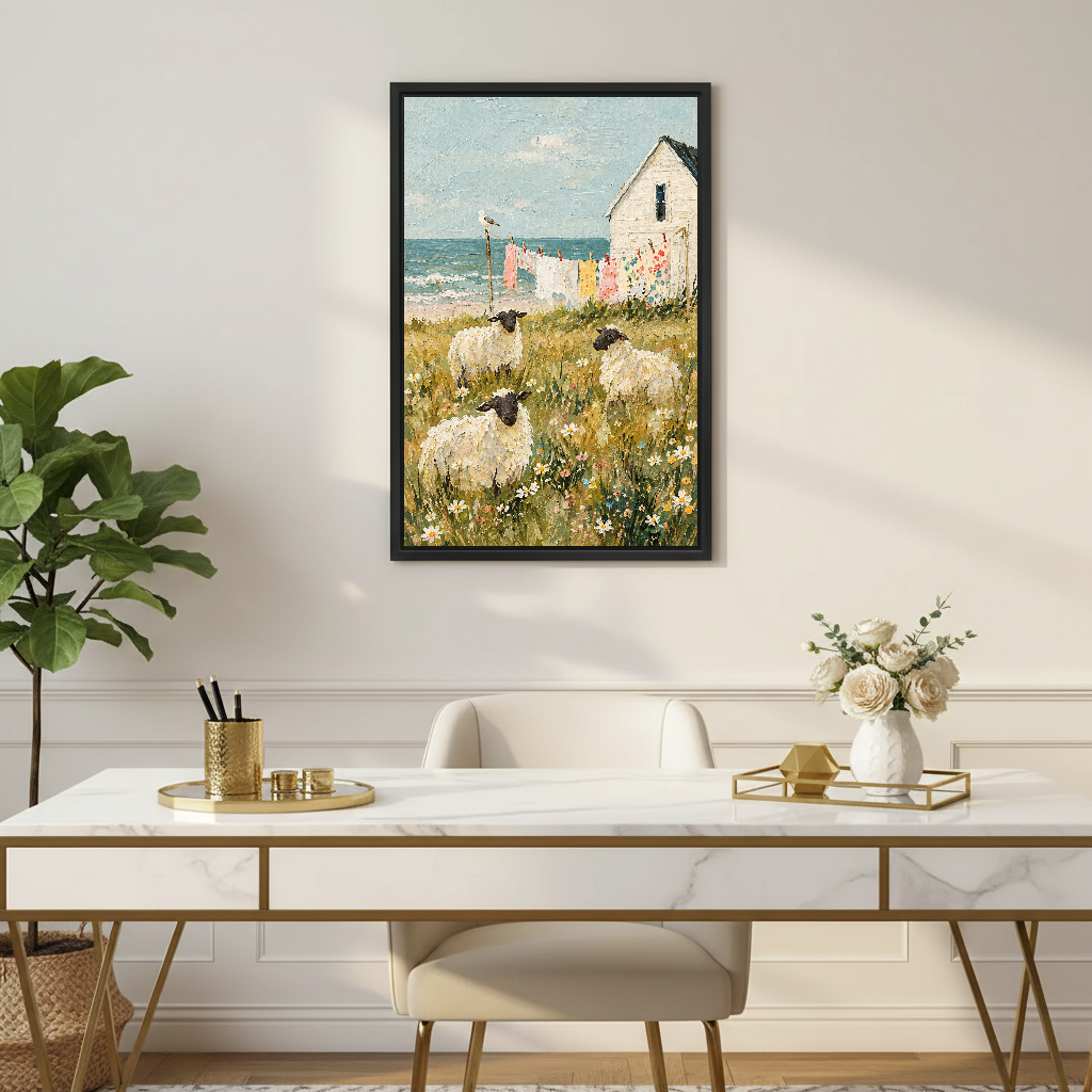 Seaside Sheep Canvas Wall Art framed above a white desk with flowers and a chair.