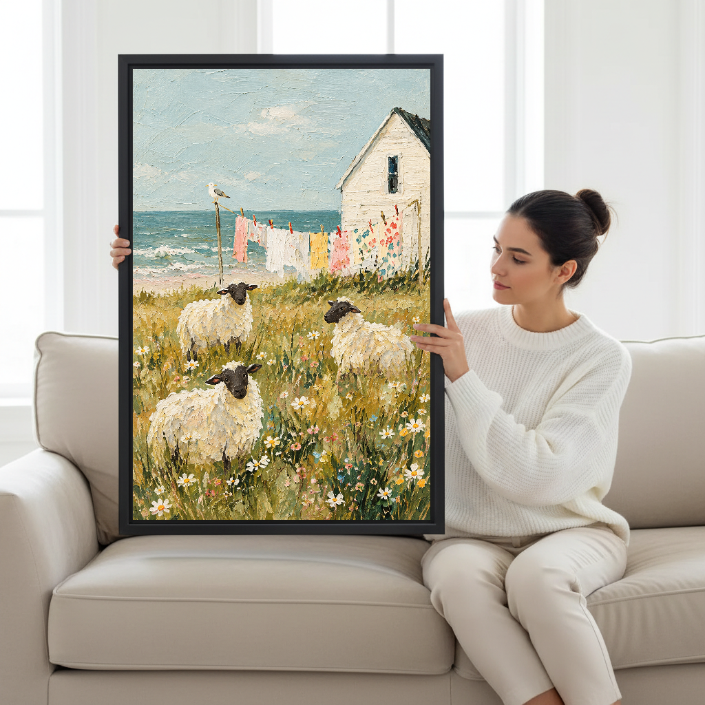 Seaside Sheep Canvas Wall Art held by a seated woman on a pale sofa.
