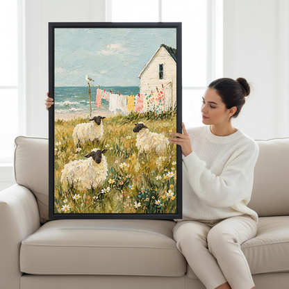 Seaside Sheep Canvas Wall Art held by a seated woman on a pale sofa.