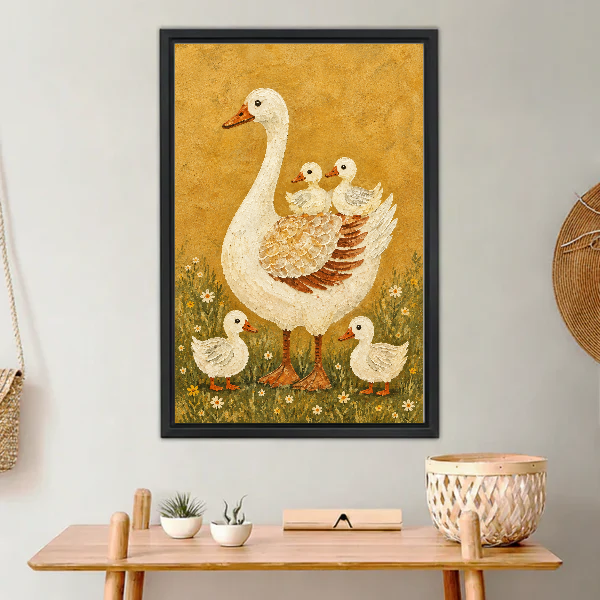 Mother Goose Canvas Wall Art framed above a light wood console with cacti.