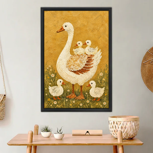 Mother Goose Canvas Wall Art framed above a light wood console with cacti.
