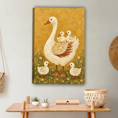 Mother Goose Canvas Wall Art unframed above a light wood console and woven basket.